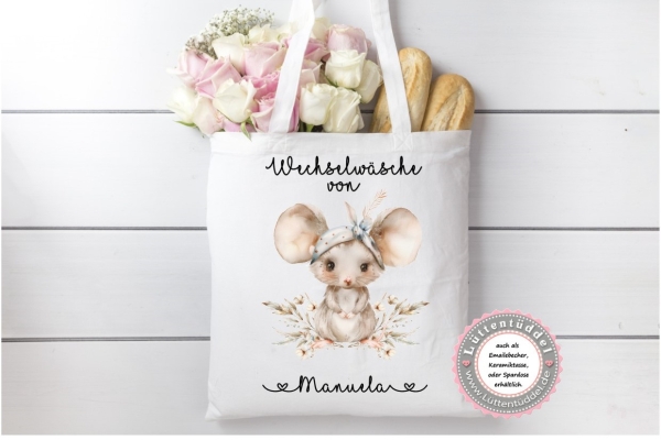 zuckersüße Tasche Maus 3 Boho Style Wechselwäsche WechselkleidungWunschname für KITA Geschenk Kindergarten Einschulung von Lüttentüddel®